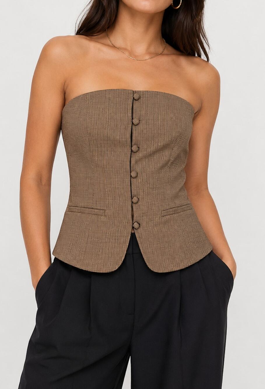 ZARA Plaid Strapless Peplum Corset Vest Top Button Front Check Brown Tan Preppy